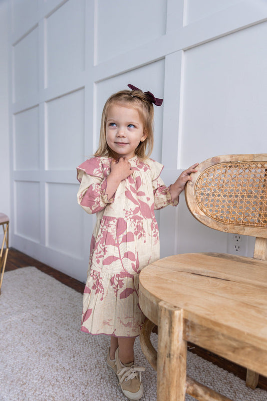 Dark Pink Leaf Printed Tiered Long Sleeve Dress Dress Yo Baby India
