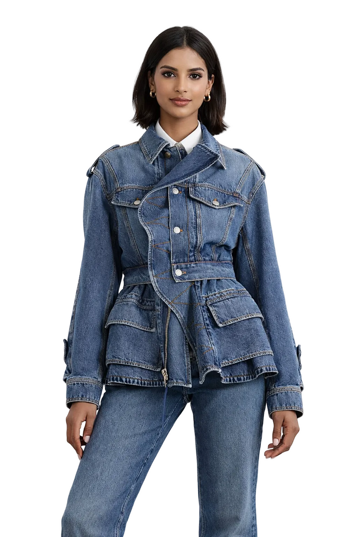 denim belted utility jacket with layered pockets – NOVA