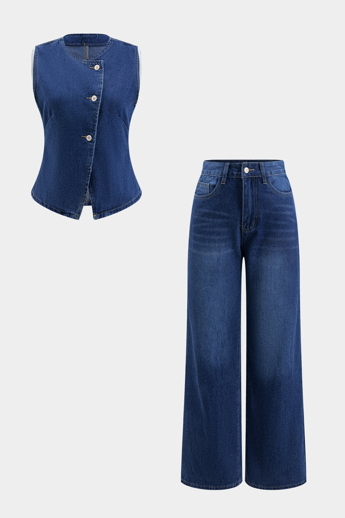 Denim Button Vest And Wide Leg Jeans Set