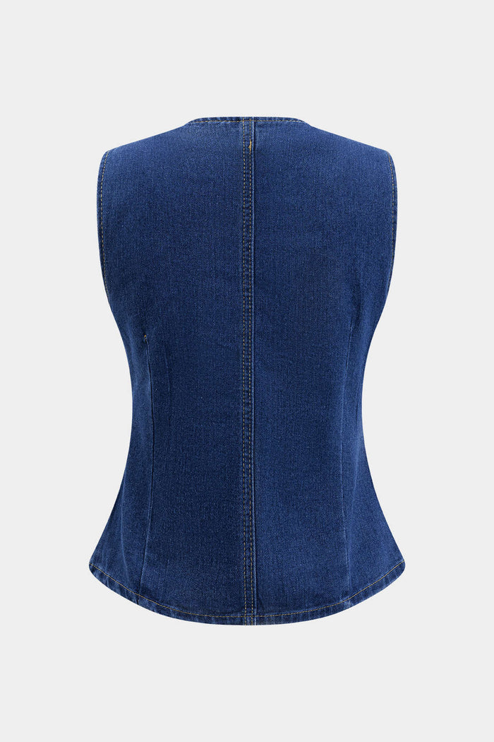 Denim Button Vest And Wide Leg Jeans Set