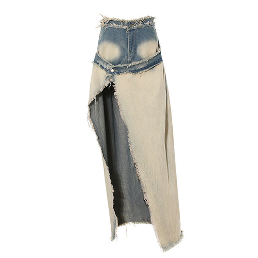 distressed denim maxi skirt with raw slit - Balthah