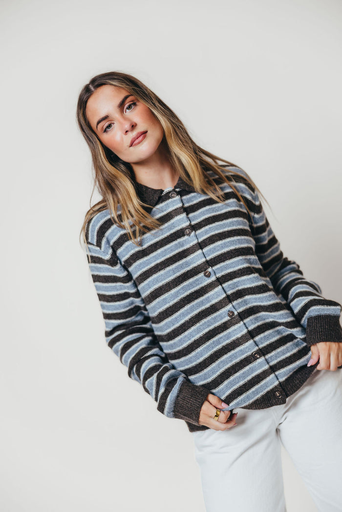 Donna Collard Striped Cardigan Top in Choco Blue