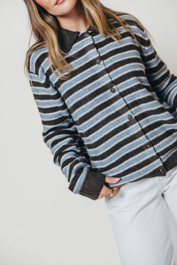Donna Collard Striped Cardigan Top in Choco Blue