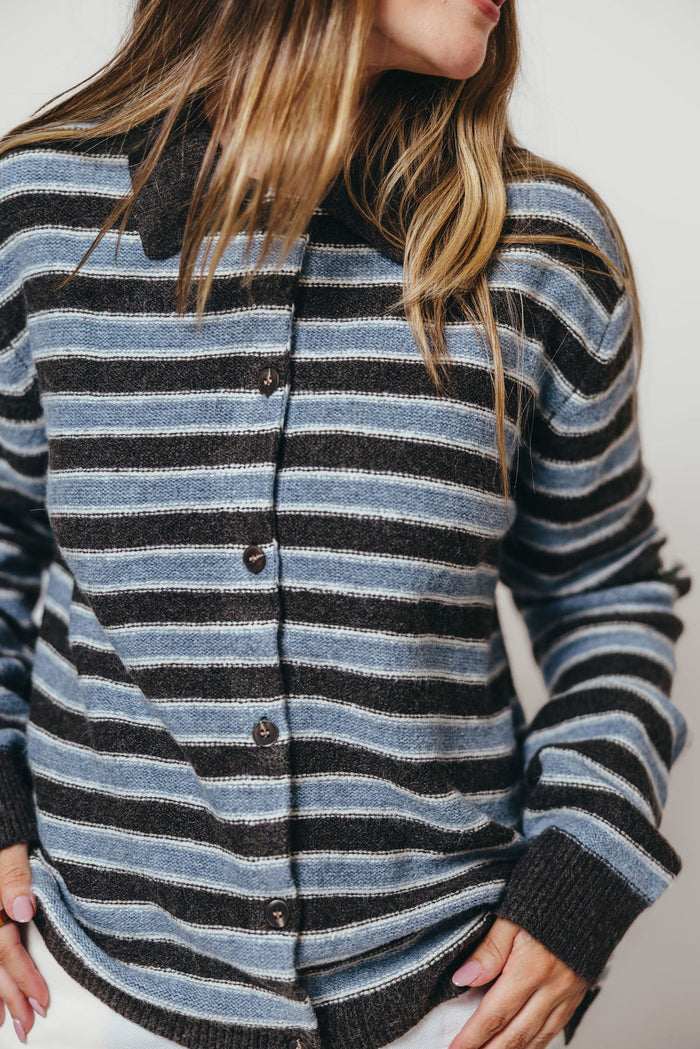 Donna Collard Striped Cardigan Top in Choco Blue