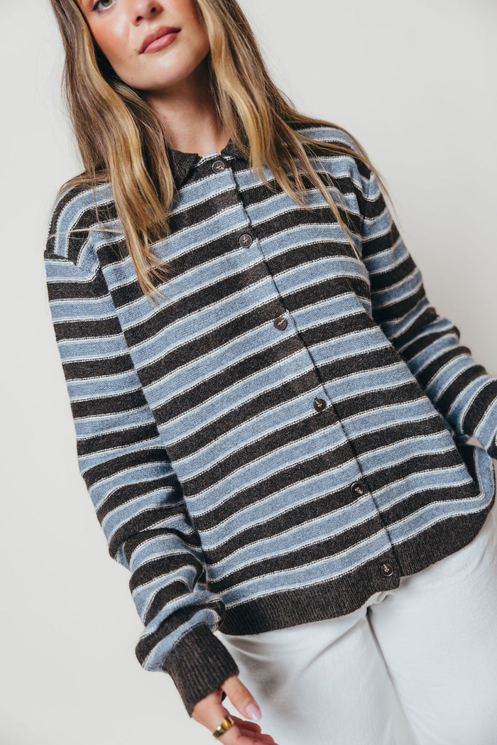 Donna Collard Striped Cardigan Top in Choco Blue