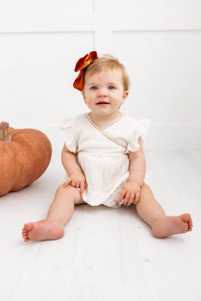 Double Gauze Off-White Solid Neck Lace & Sleeve Ruffle Romper Romper Yo Baby India