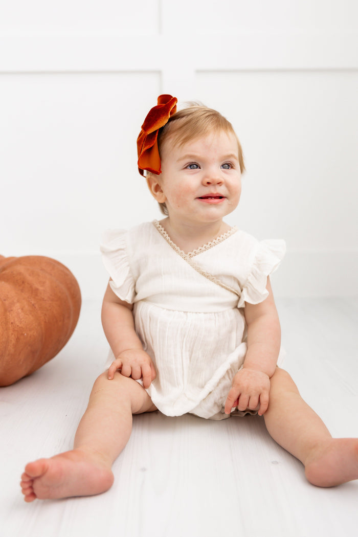 Double Gauze Off-White Solid Neck Lace & Sleeve Ruffle Romper Romper Yo Baby India