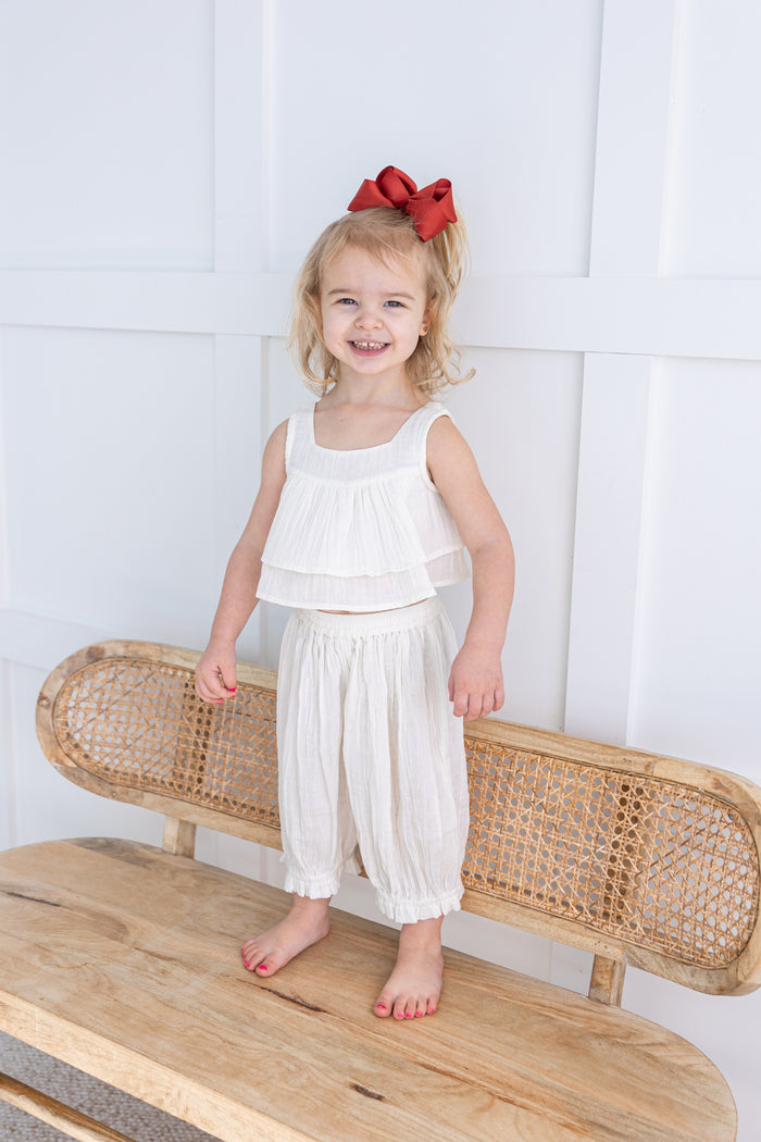 Double Gauze Off-White Solid Color Ruffled Top & Pants Set – Soft Cotton Outfit for Infants & Toddlers