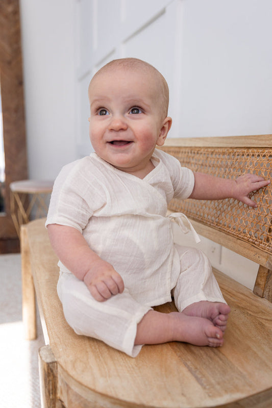 Double Gauze Off-White Solid Top & Pant Set Yo Baby India