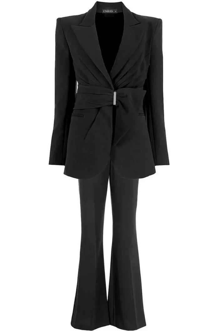 Draped belted blazer pants set with flared legs – Vronik