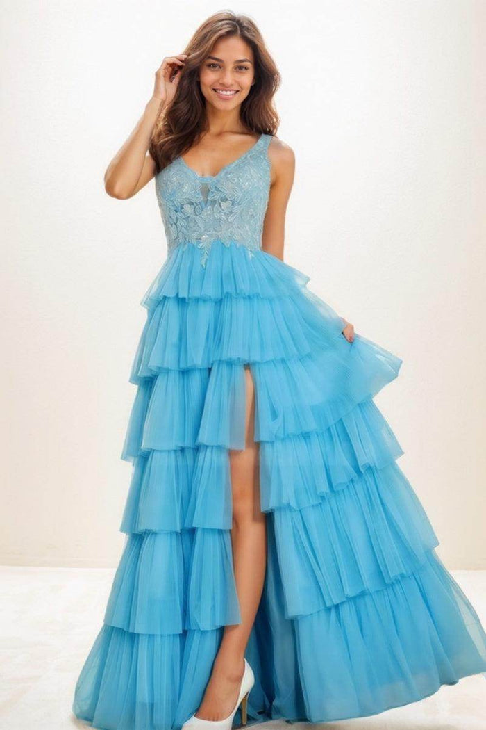Dreamy Lace V-Neck A-Line Floor-Length Tulle Prom Dresses CS0736 - COCOMELODY
