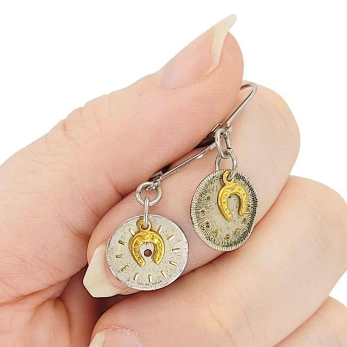 Earrings - Horseshoes on Watch Faces (Stainless Steel) by Christine Stoll