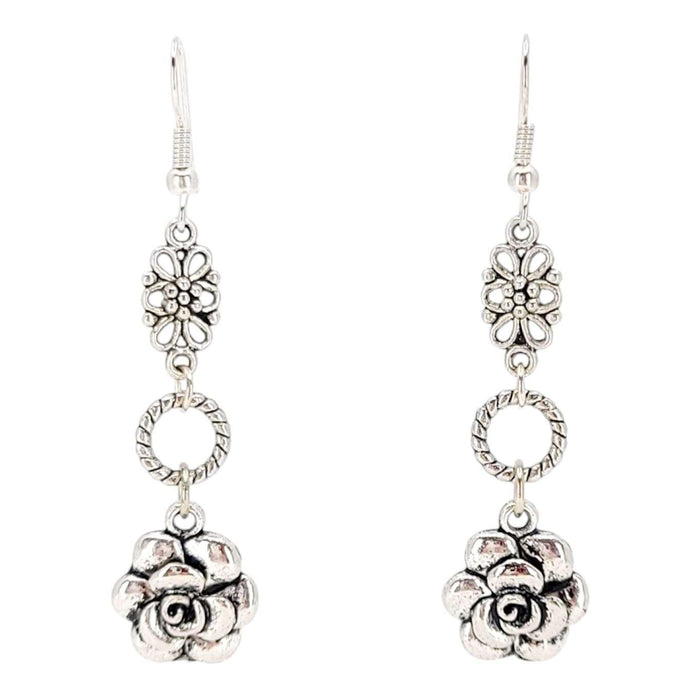 TAE252 $20 - Silver Plate Rose Ring Drop Earrings