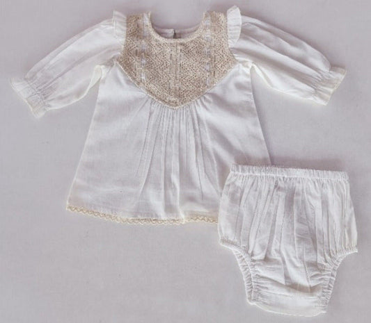 Ecru Long Sleeves Dress and Bloomers dress & diaper cover Yo Baby India