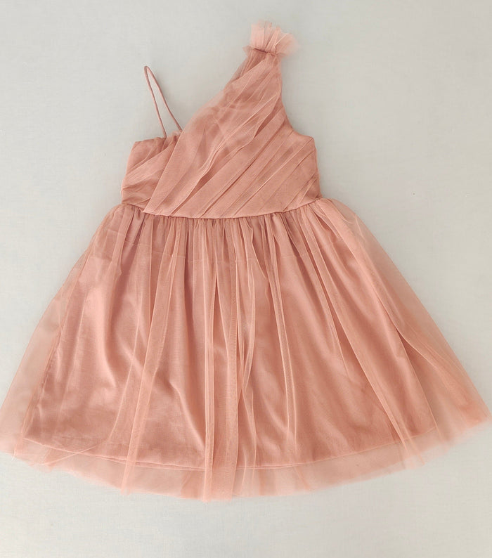 Elegant Dusty Pink One-Shoulder Nylon Tulle Dress with Cotton Lining for Kids & Infants DRESS Yo Baby India