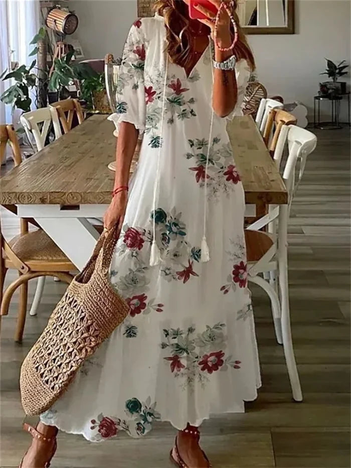Ella - Boho Women's Summer Dress with V-Neck and Tassel Detail
