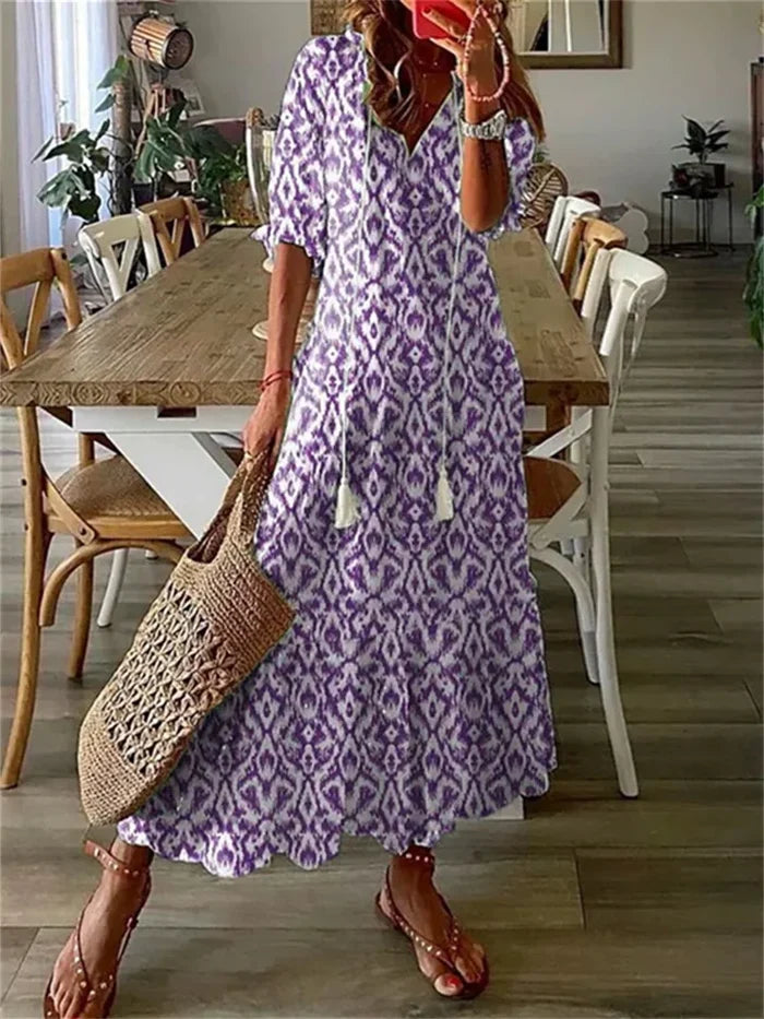 Ella - Boho Women's Summer Dress with V-Neck and Tassel Detail