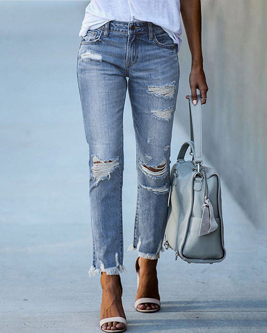 Ella - Women's Straight Leg Jeans Distressed with Frayed Hem for Fall