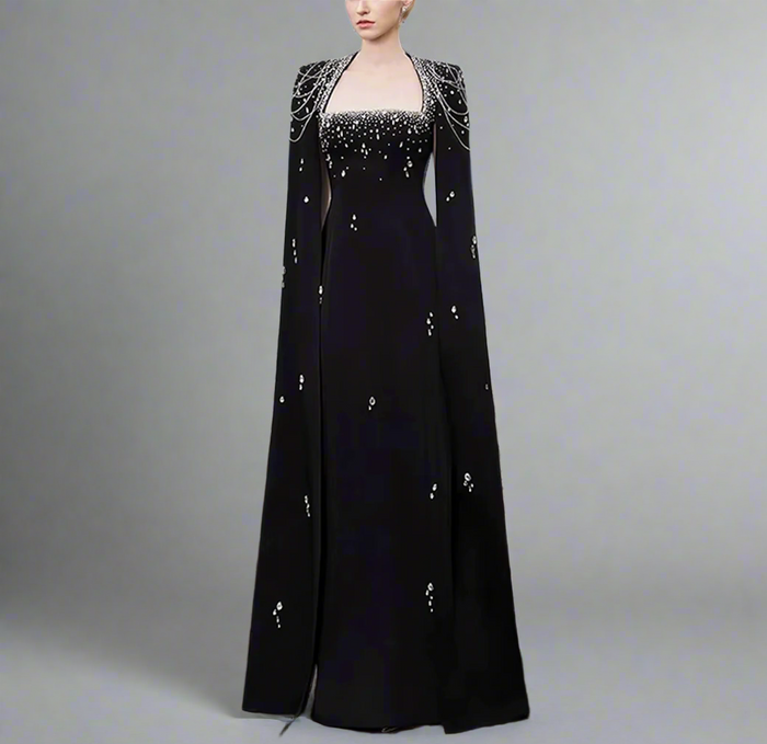 embellished column dress with shoulder cape - Nomalh