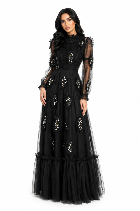 embellished tulle gown with sheer sleeves and crystal appliqués – MIDNIGHT