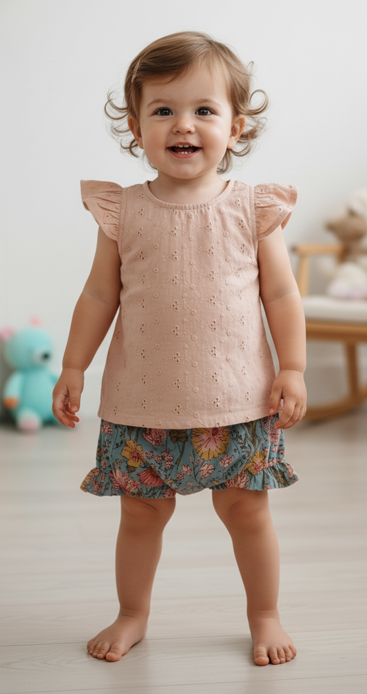 Embroidered Top and Bloomer Set for Infant Baby Girls – 100% Cotton Frill Sleeves & Scalloped Bloomers