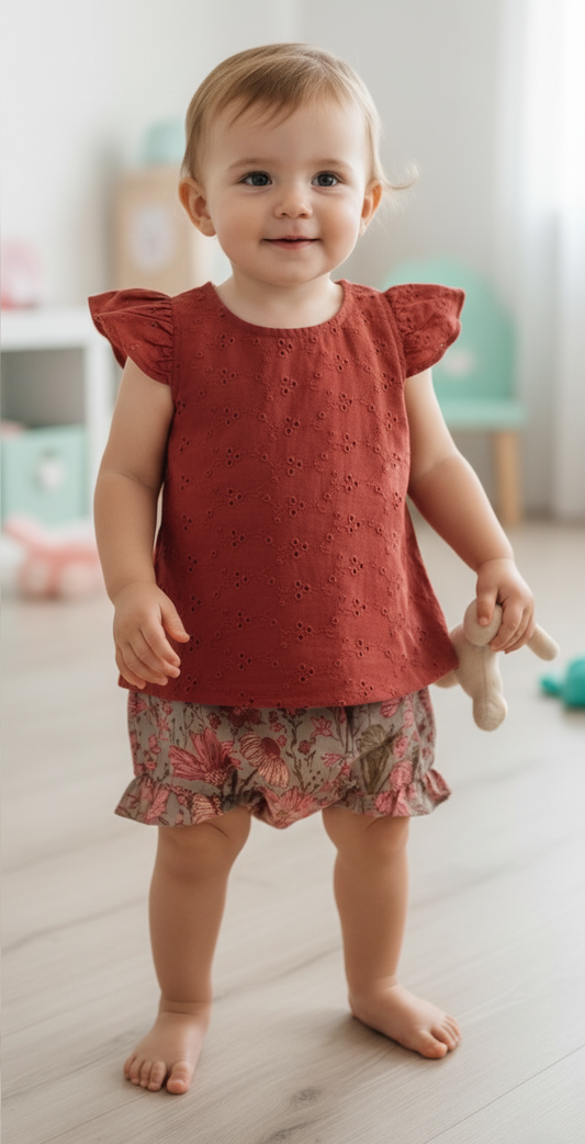 Embroidered Top & Bloomer Set for Infant Baby Girls – 100% Cotton Frill Sleeve Outfit with Scalloped Shorts