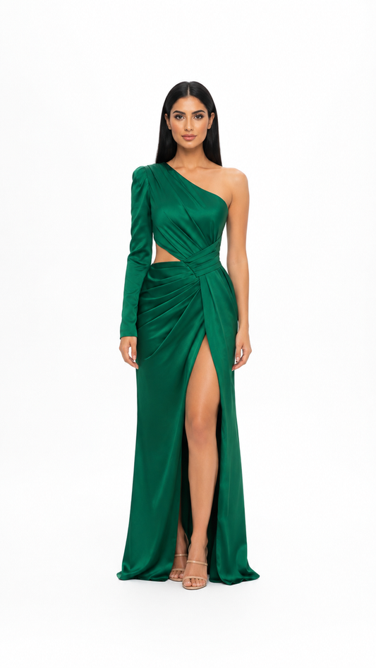 Emerald One-Shoulder Cutout Satin Maxi Dress – VELORA