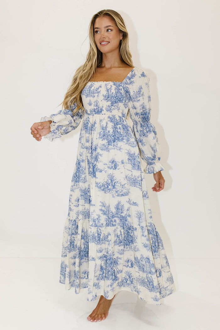 Emerson 100% Cotton Smocked Maxi Dress with Long Sleeves in Scenic Blue - Bump Friendly & Inclusive Sizing