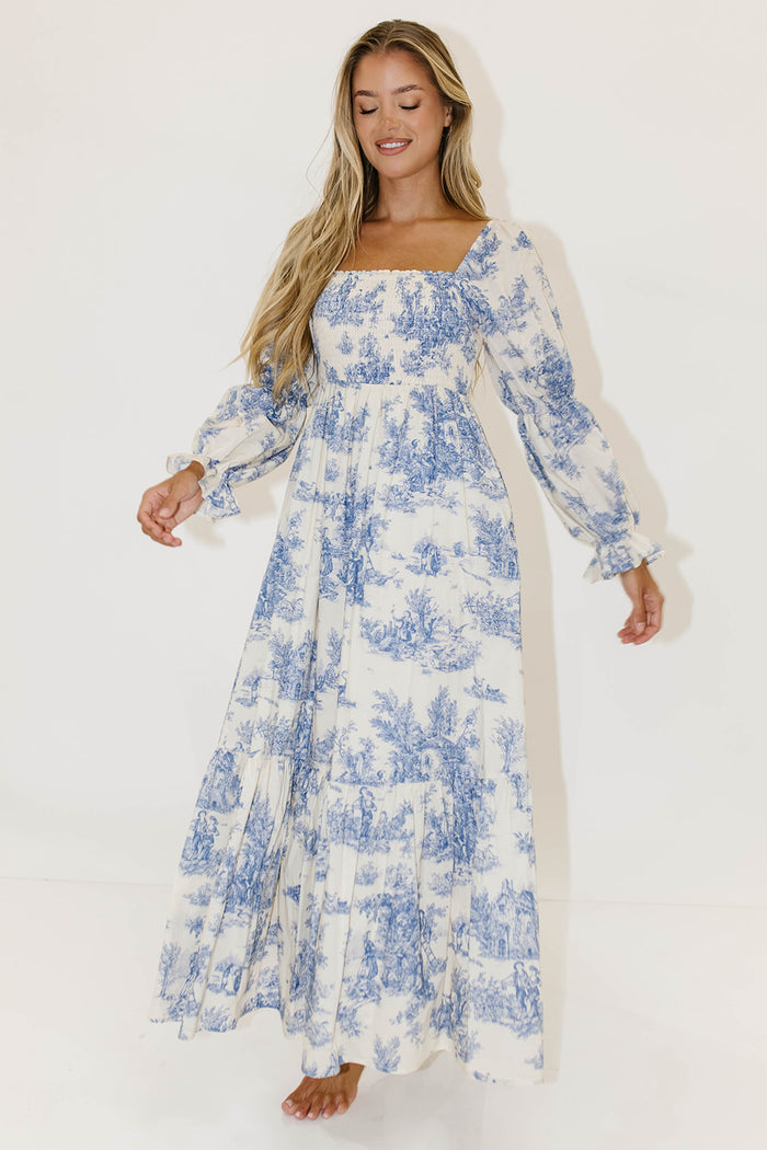Emerson 100% Cotton Smocked Maxi Dress with Long Sleeves in Scenic Blue - Bump Friendly & Inclusive Sizing