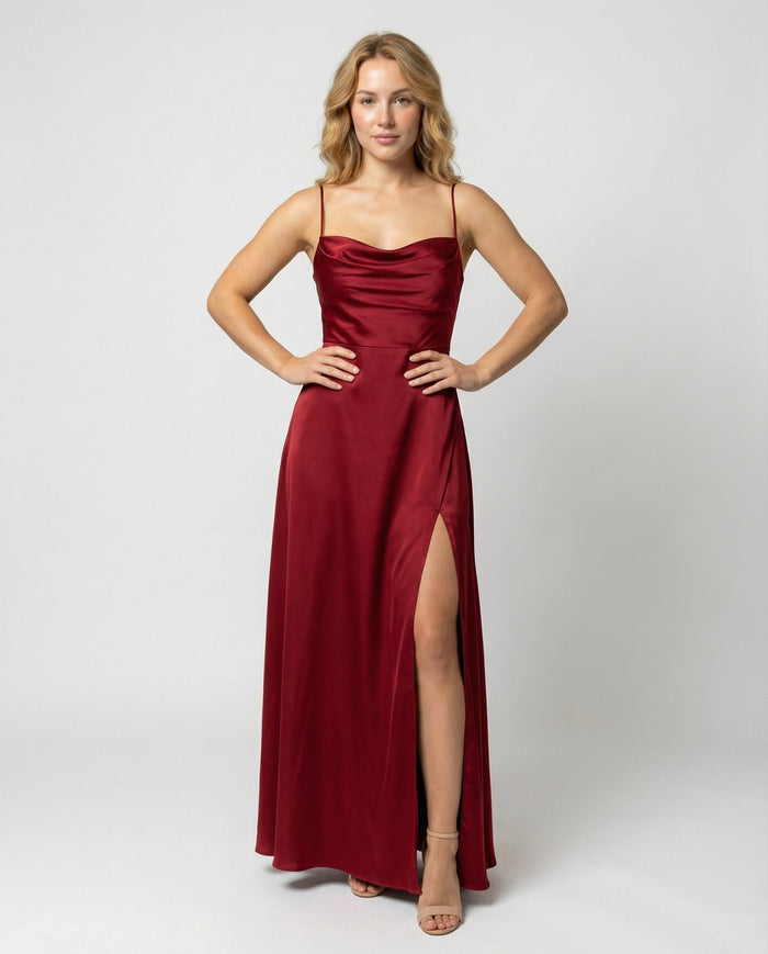 Emily - Elegant Women's Wedding Guest Dress with Cowl Neck and Side Slit