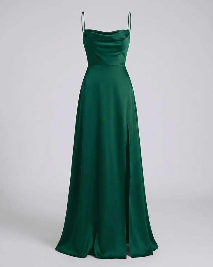 Emily - Elegant Women's Wedding Guest Dress with Cowl Neck and Side Slit