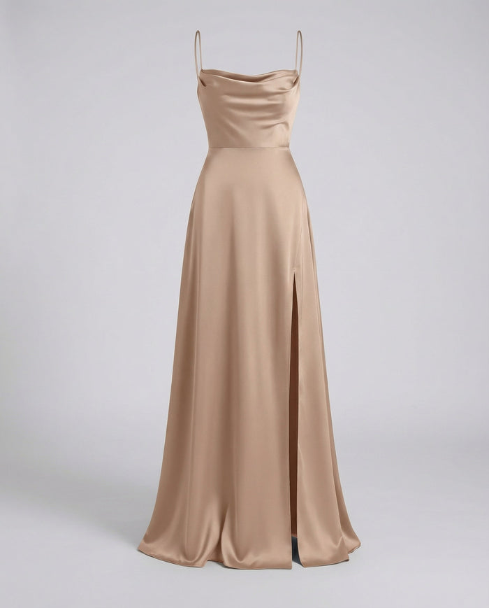 Emily - Elegant Women's Wedding Guest Dress with Cowl Neck and Side Slit