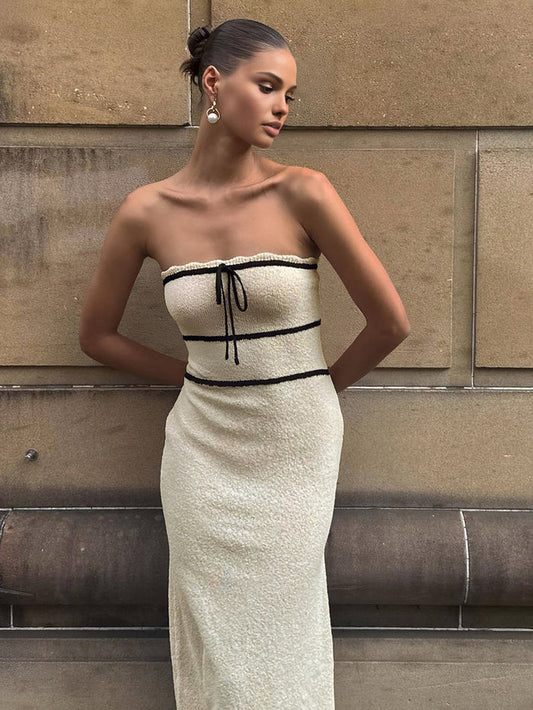 Emma - Chic Women's Wedding Guest Midi Dress with Strapless Bow Detail and Contrast Trim