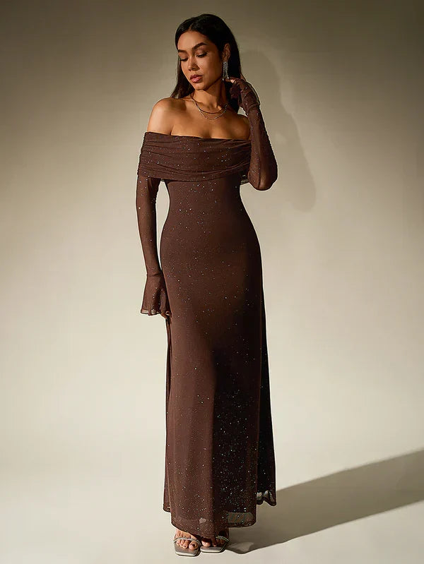 Emma - Elegant Women's Wedding Guest Dress with Off-Shoulder Neckline and Long Sleeves
