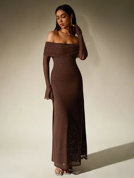 Emma - Elegant Women's Wedding Guest Dress with Off-Shoulder Neckline and Long Sleeves