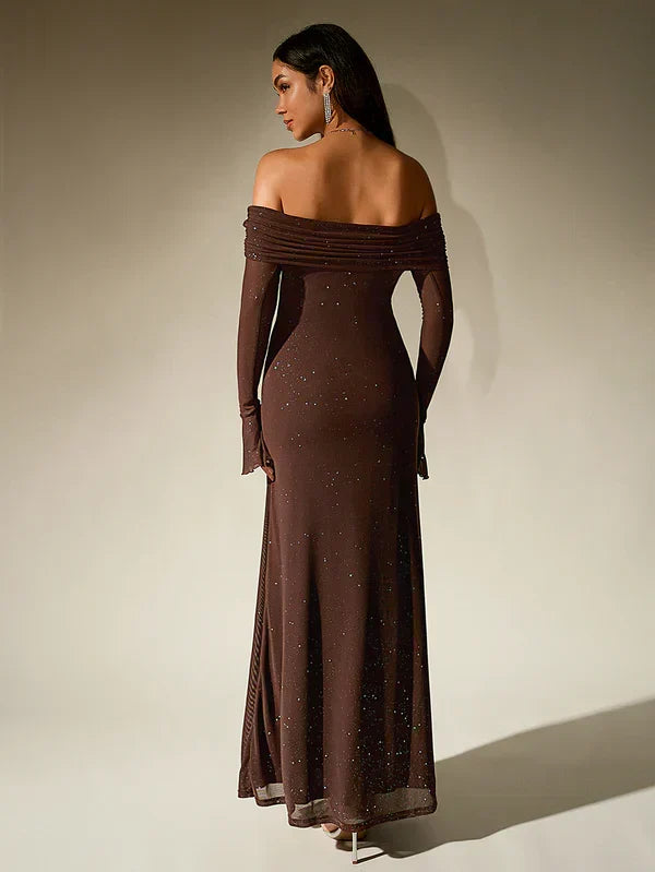 Emma - Elegant Women's Wedding Guest Dress with Off-Shoulder Neckline and Long Sleeves