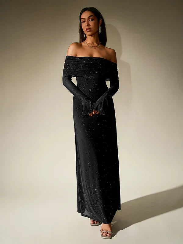 Emma - Elegant Women's Wedding Guest Dress with Off-Shoulder Neckline and Long Sleeves