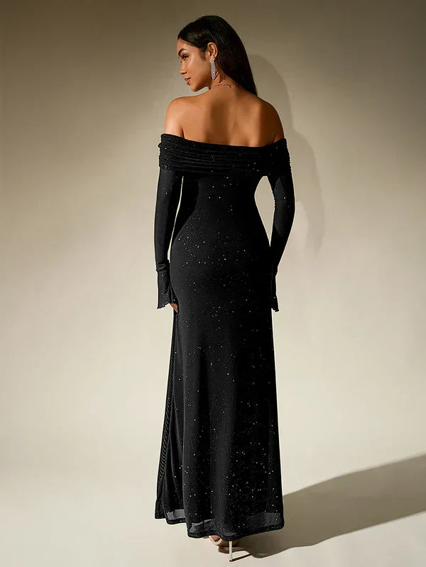 Emma - Elegant Women's Wedding Guest Dress with Off-Shoulder Neckline and Long Sleeves