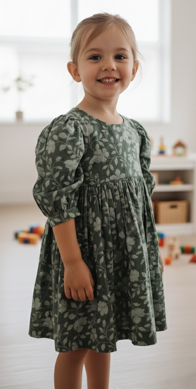Emma Dress in Sage for Infants, Toddlers & Tweens – 100% Cotton Full Skirt Dress with Gathered Sleeves and Bloomer