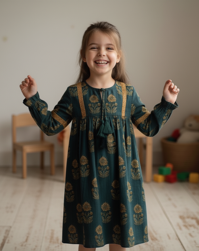 Esti Dress – Moss Green, Full Sleeves, Infant to Tween, Cotton Lace, Tassel Tie, Included Bloomers