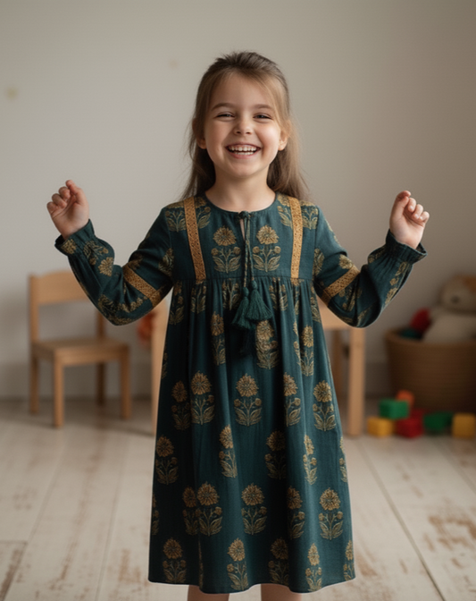 Esti Dress – Moss Green, Full Sleeves, Infant to Tween, Cotton Lace, Tassel Tie, Included Bloomers