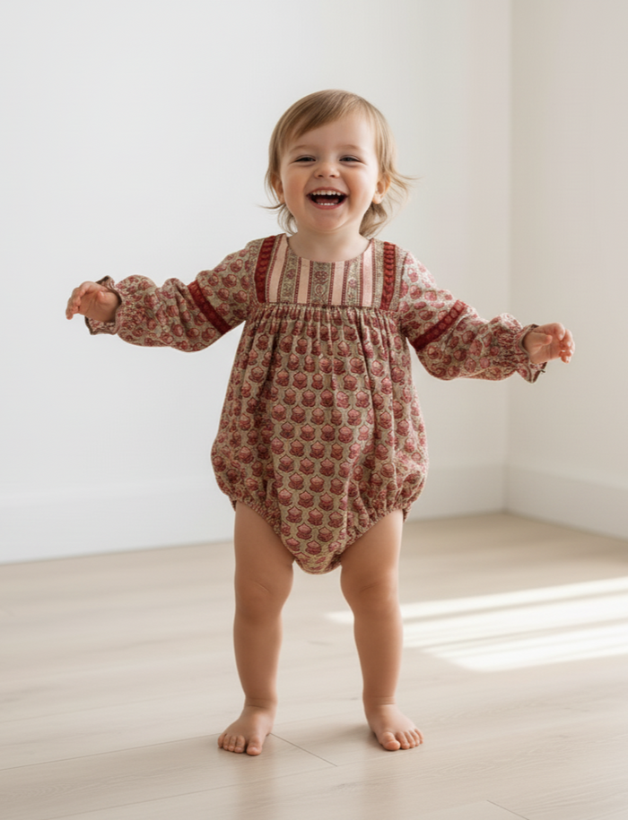 Esti Romper – Sage, Infant Baby Girl, Cotton, Contrast Lace, Coconut Buttons, Easy Diaper Change