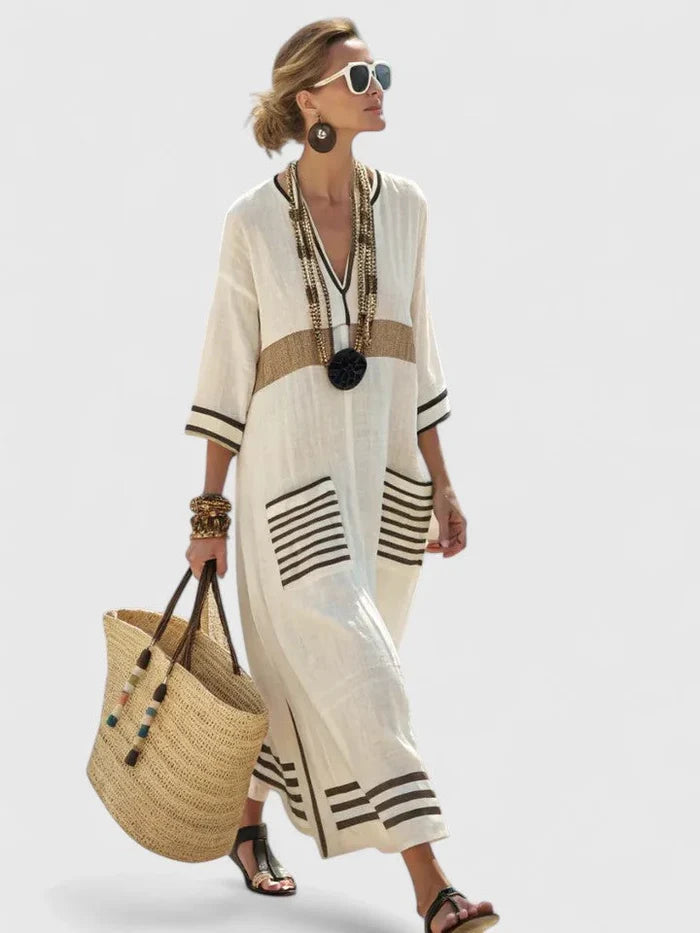 Evelyn - Boho Women's Maxi Dress with V-Neck and Striped Pocket Detail