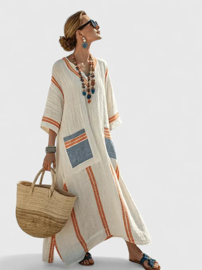 Evelyn - Boho Women's Maxi Dress with V-Neck and Striped Pocket Detail
