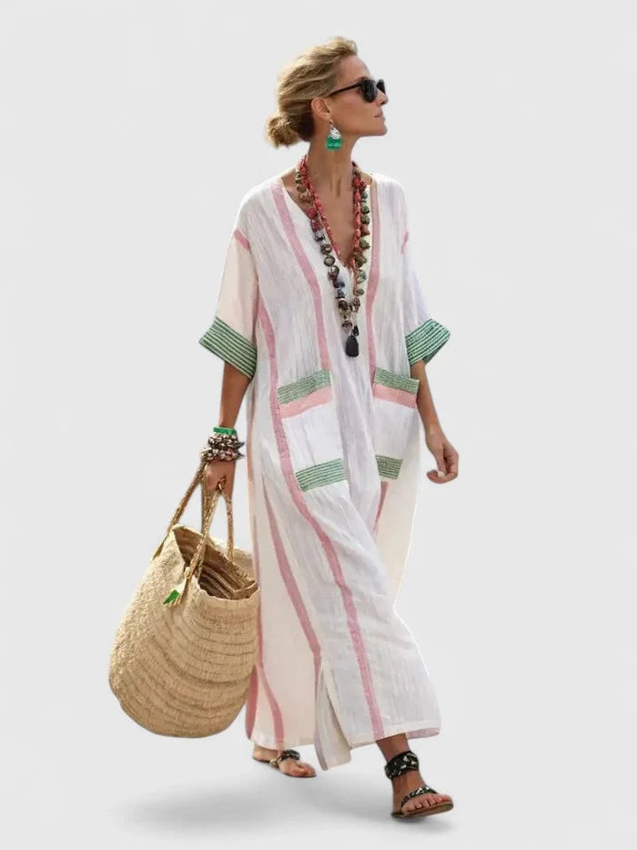 Evelyn - Boho Women's Maxi Dress with V-Neck and Striped Pocket Detail