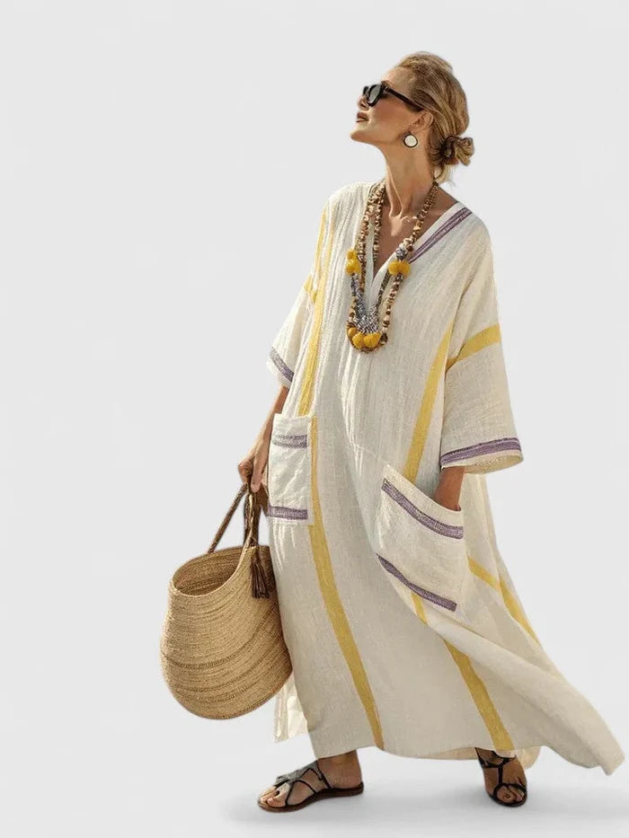 Evelyn - Boho Women's Maxi Dress with V-Neck and Striped Pocket Detail