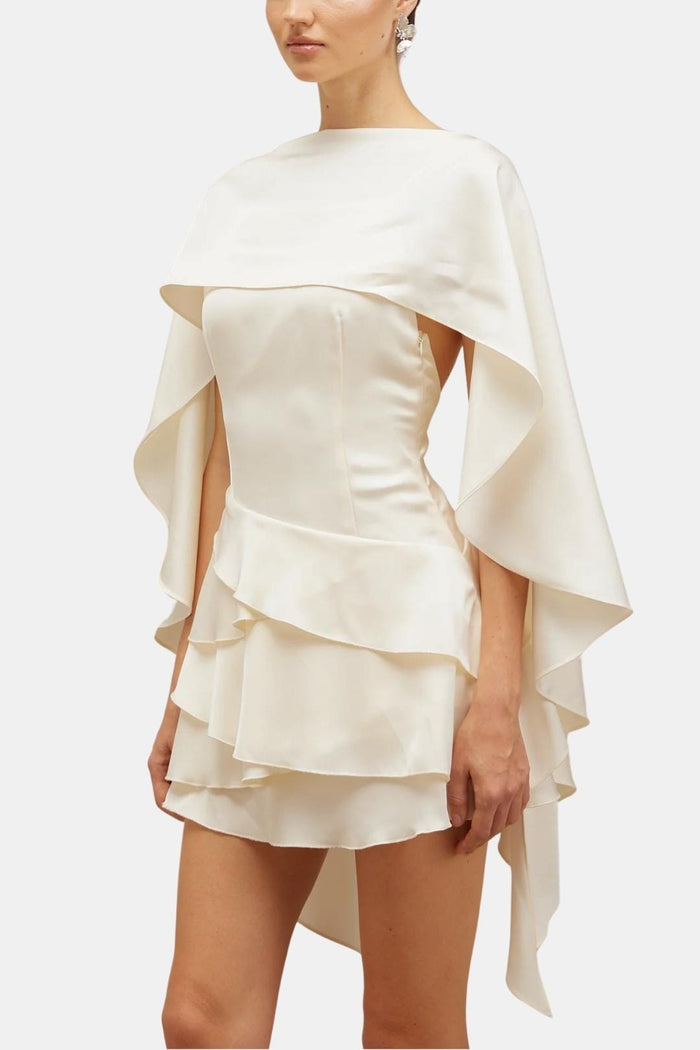 Evelyn - Chic Women's Wedding Guest Dress with Dramatic Cape Sleeves and Tiered Skirt