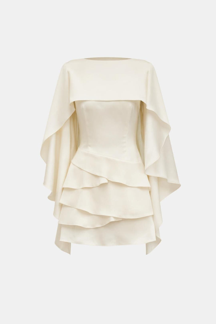 Evelyn - Chic Women's Wedding Guest Dress with Dramatic Cape Sleeves and Tiered Skirt