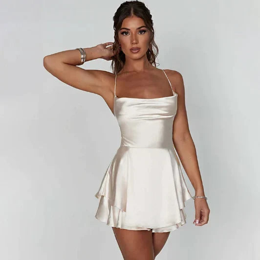 Evelyn - Flowy Women's Wedding Guest Mini Dress with Cowl Neck and Thin Straps