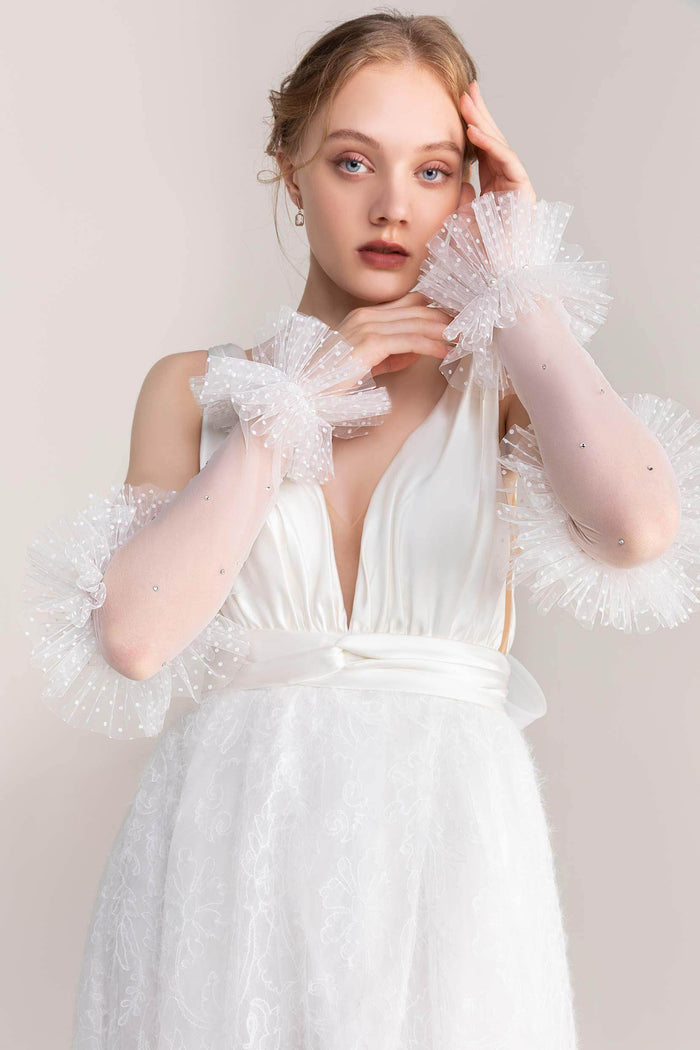 Fingerless Opera Length Tulle Wedding Gloves Beading CD0065 - COCOMELODY